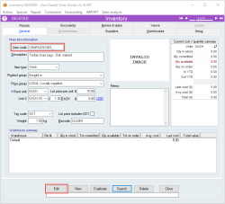 Edit button is located along the bottom of the inventory window. The item code field is located at the top left.